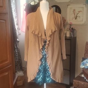 Ruffled camel color long sleeve open front sweater by Tracy M size small cardiga